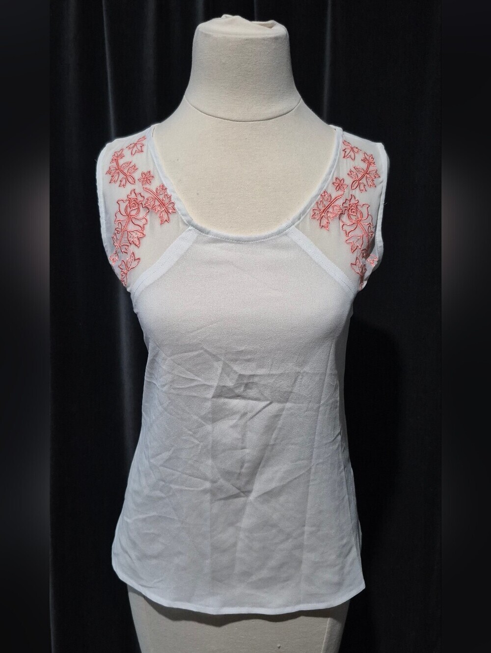 White Sleeveless Mesh Yoke Top with Pink Floral Embroidery (Box A)